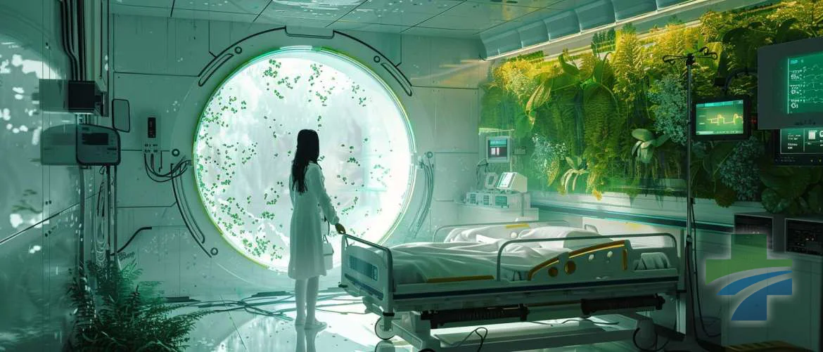 Futuristic hospital room with travel nurse using energy-efficient medical device.