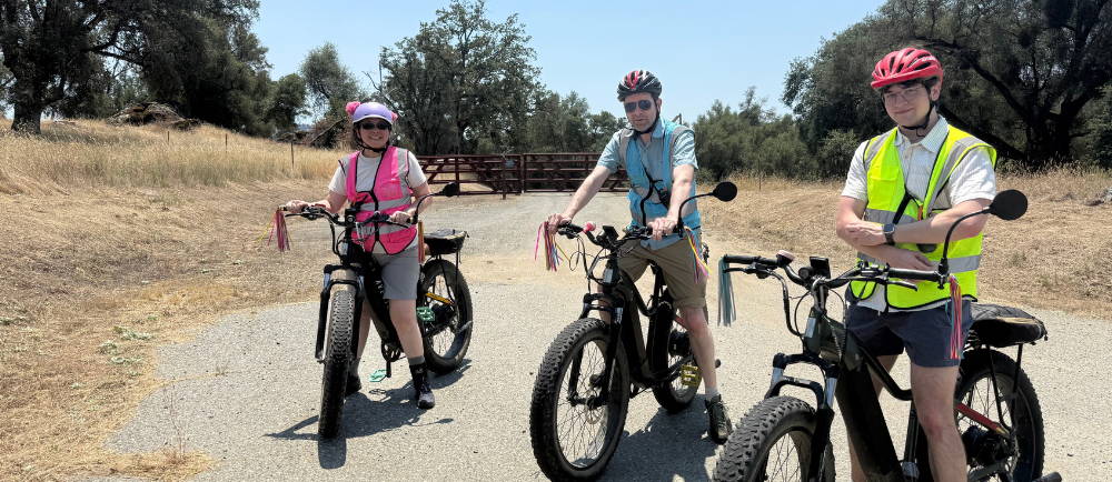 three clients on aventon aventure fat tire electric bikes in the sierra foothills on a tour with Yosemite E-Biking (yosemiteebiking.com)