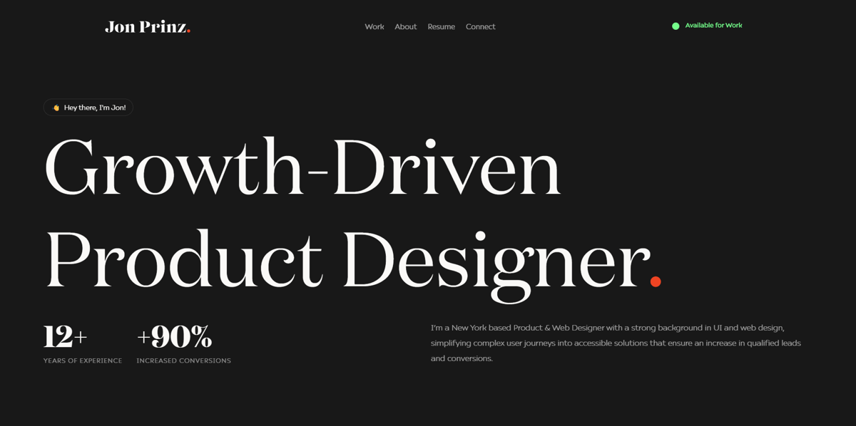 Screenshot of Jon Prinz, from the product designer portfolios collection.