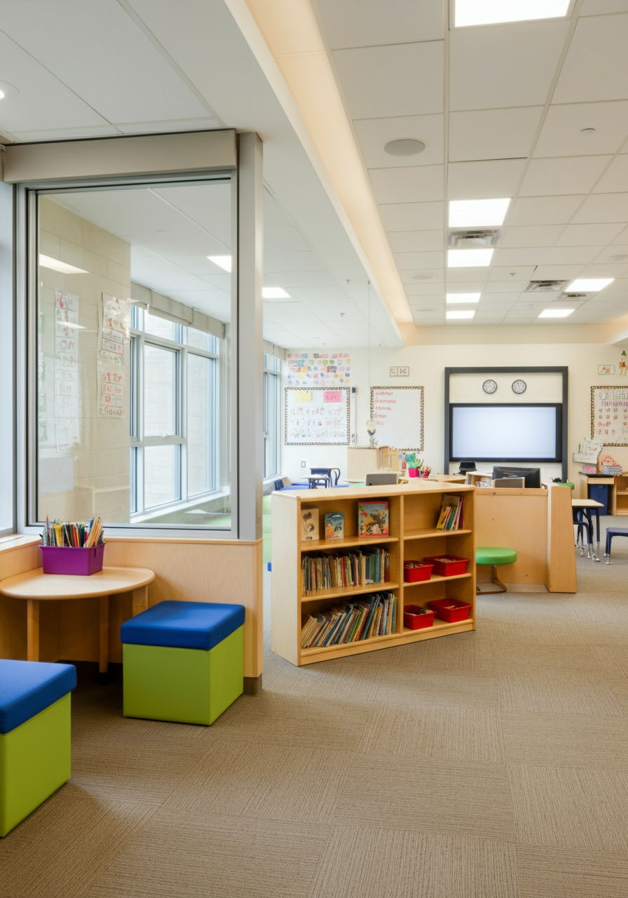 A bright, modern classroom in a Lincoln Park elementary school featuring colorful learning centers, interactive technology, and student work displayed on walls. Natural light streams through large windows, illuminating reading nooks with comfortable seating and well-stocked bookshelves arranged for young learners.