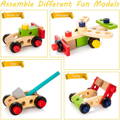 A display of different models that can be built with the Montessori Wooden Toolbox, including a trolley, tank, and car. 
