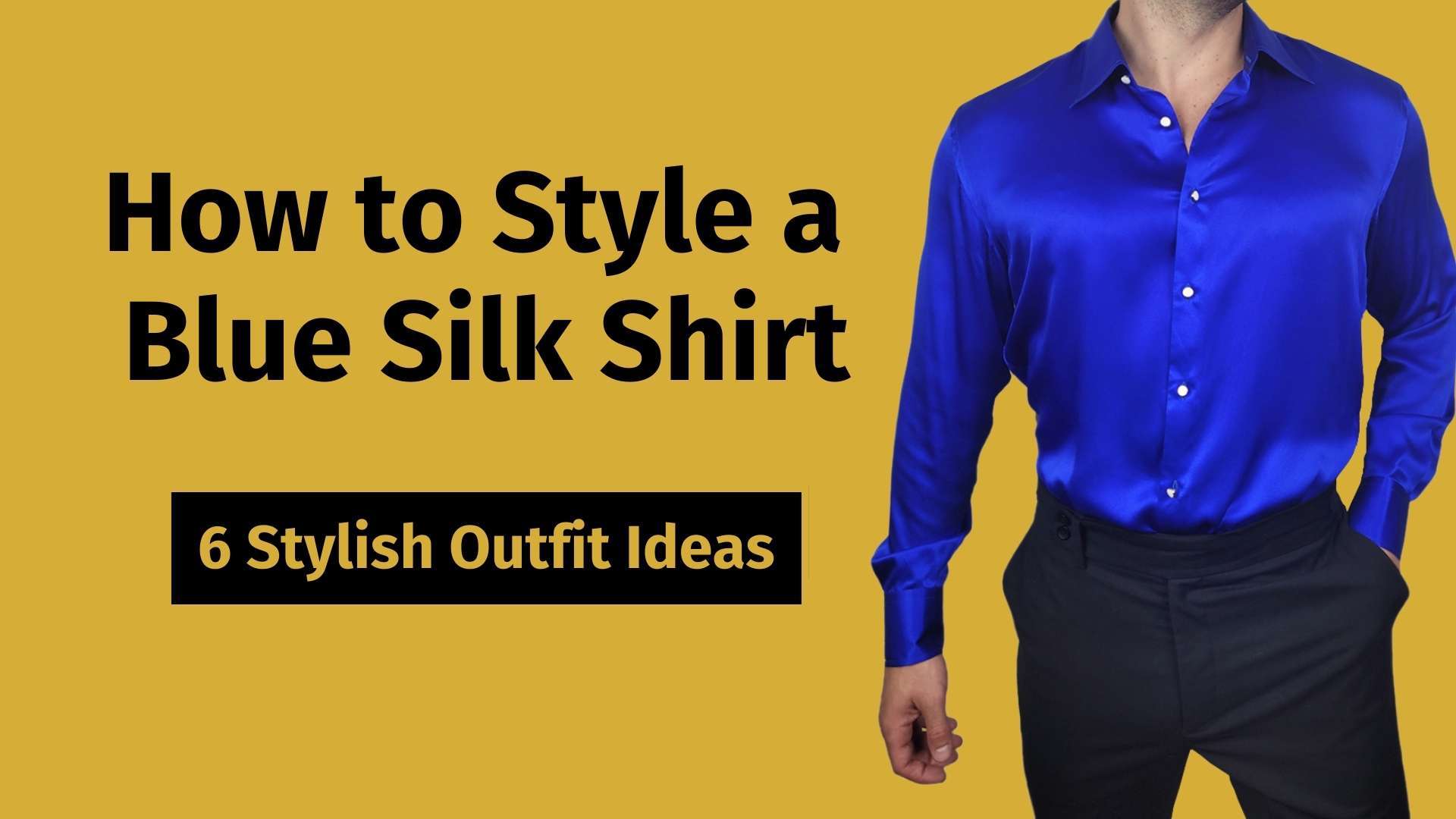 how to style a black silk shirt banner image with a male model wearing a black silk shirt and high waisted black pants