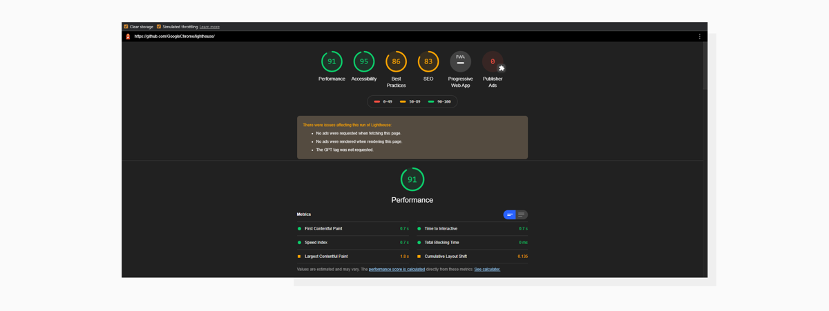 An audit run on the github.com main page. Google Lighthouse Report in Google Chrome