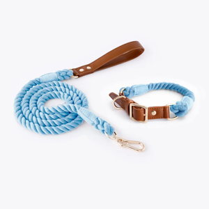 Sky Blue Premium Leather Pet Collar and Leash - Soft, Strong Braided Rope