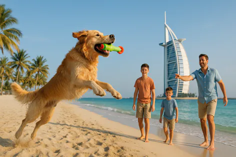Golden retriever dog leaps high to catch a toy on a sunny Dubai beach. Father and two sons watch nearby with the Burj Al Arab in the background.