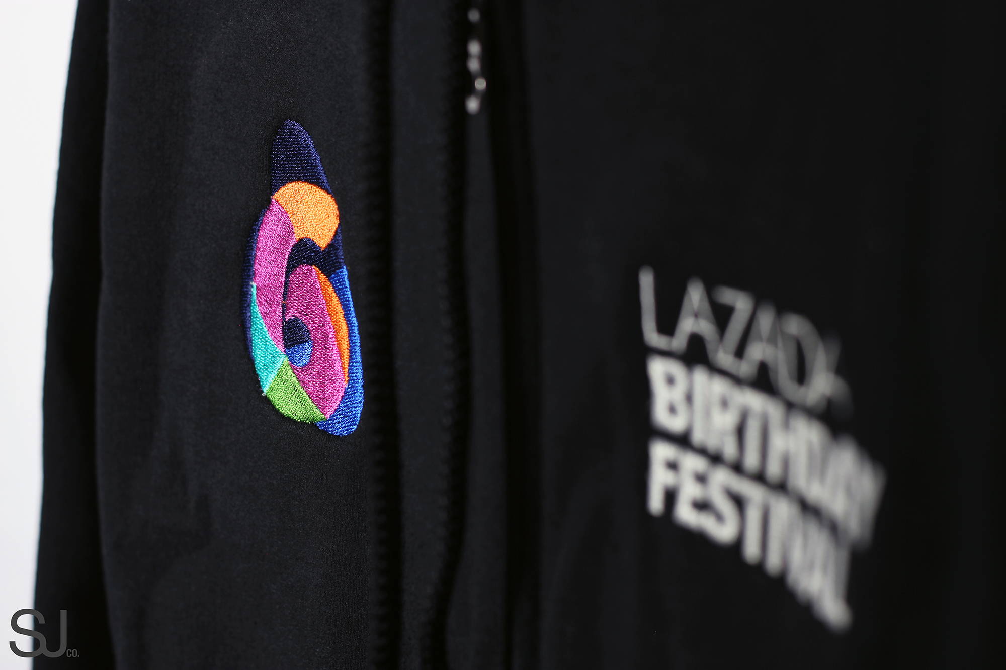 Lazada design Digital embroidery on black full-zip hoodie
