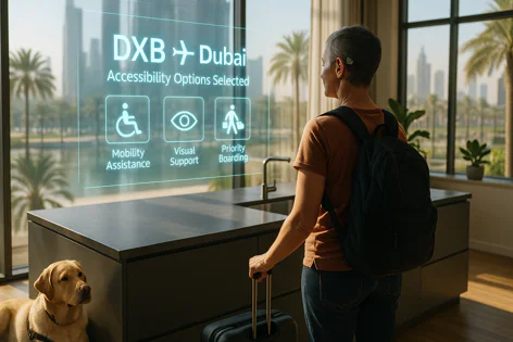 Inside a bright room, a woman with luggage views a holographic screen showing DXB Dubai airport details and selected accessibility options. A yellow lab dog sits beside her.