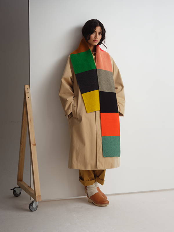 model wears Colourblock Garter Stitch Scarf