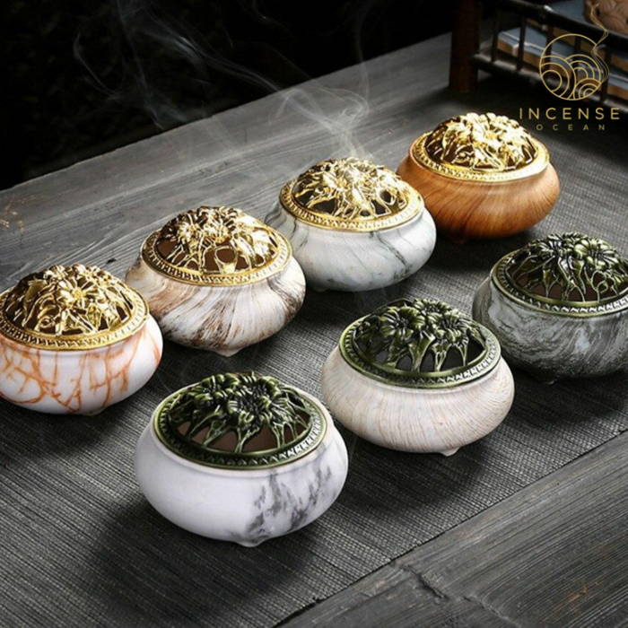 Marble Coil Censer Incense Burner Copper Cover Ceramic