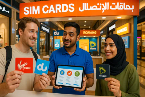 Three people showcasing different UAE mobile SIM cards including Virgin Mobile, Du, and Etisalat, along with a tablet displaying service options at a telecom kiosk.
