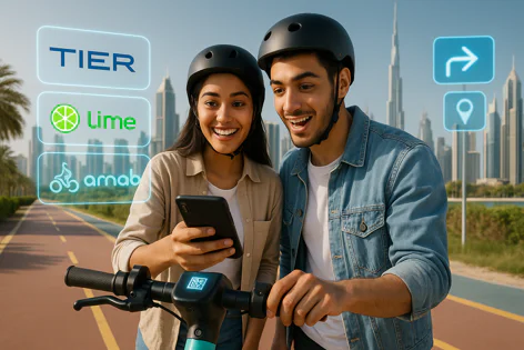Man and woman in helmets ride electric scooter, view phone with mobility app options (TIER, Lime, arnab), Dubai skyline background.