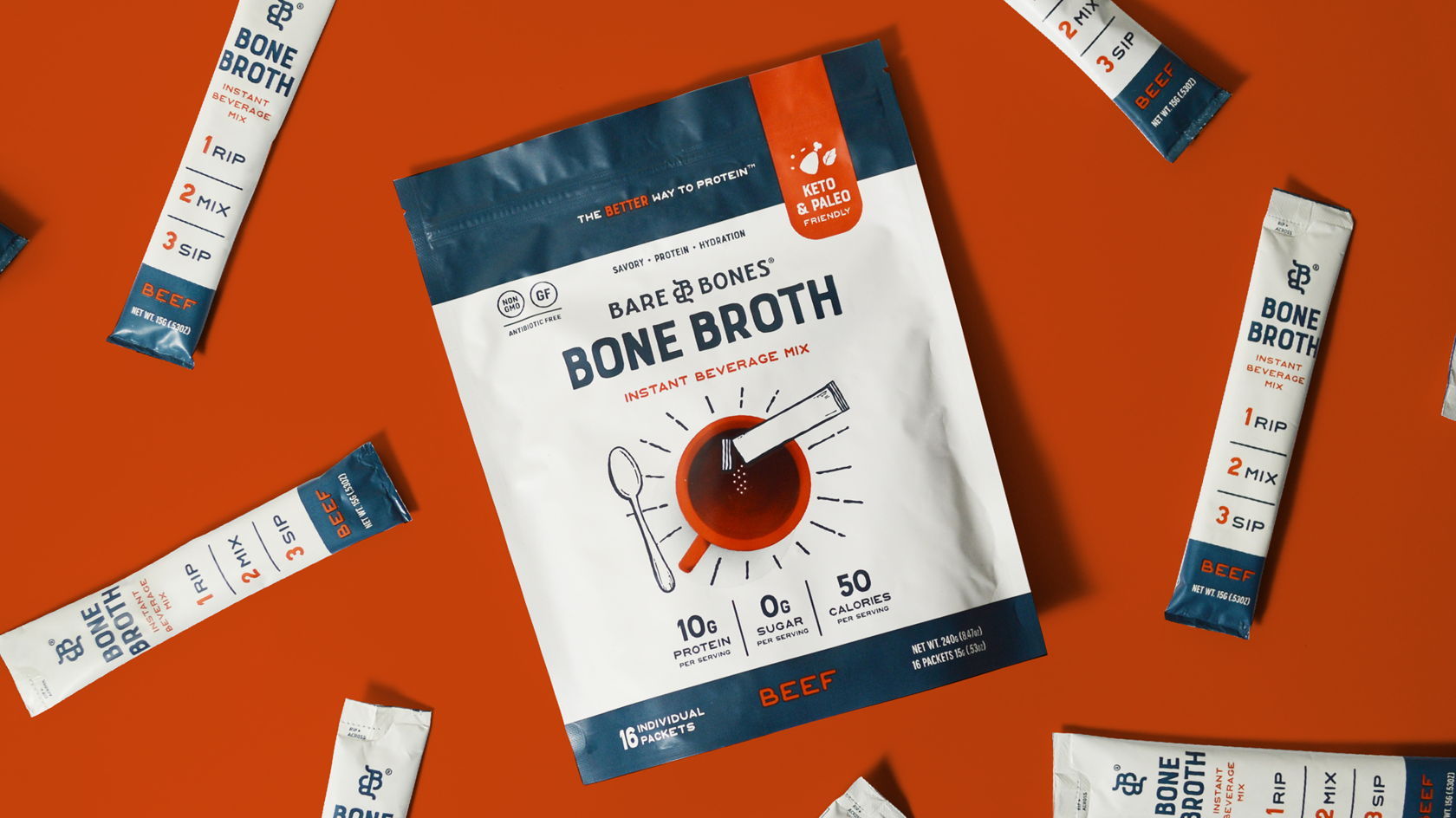 Bare Bones Bone Broth Instant Beverage Mix, Beef, Pack of 16