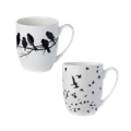 Two fine bone china mugs featuring black and white Bird Silhouette prints by McIntosh Designs. 375 ml beverage capacity. 