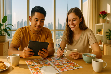 Happy couple reviewing a colorful food menu together at a table with coffee and snacks, using a tablet and notepad. Tall buildings visible outside.
