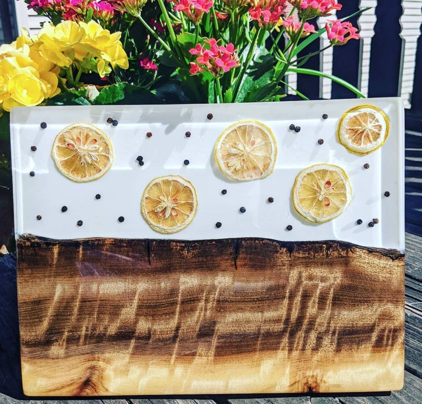 resin and wood cutting board with lemons by Resin for a reason using high west wood