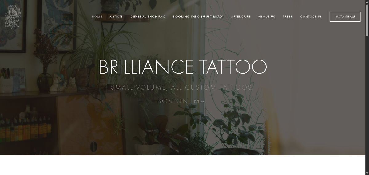 Screenshot of Brilliance Tattoo - Boston, from the tattoo websites collection.
