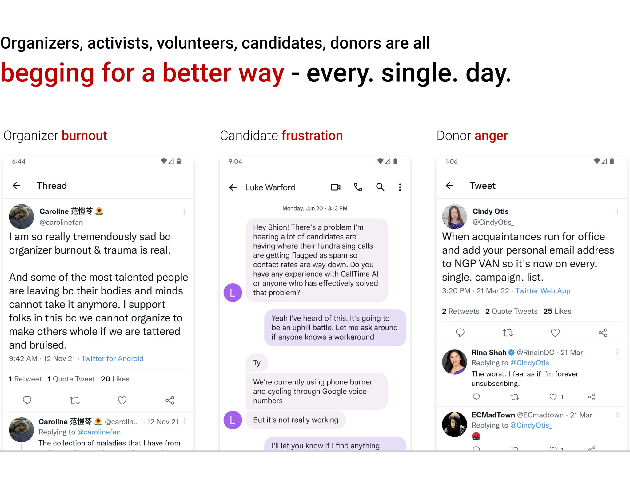 Organizers, activists, volunteers, candidates, donors are all begging for a better way - every. single. day.