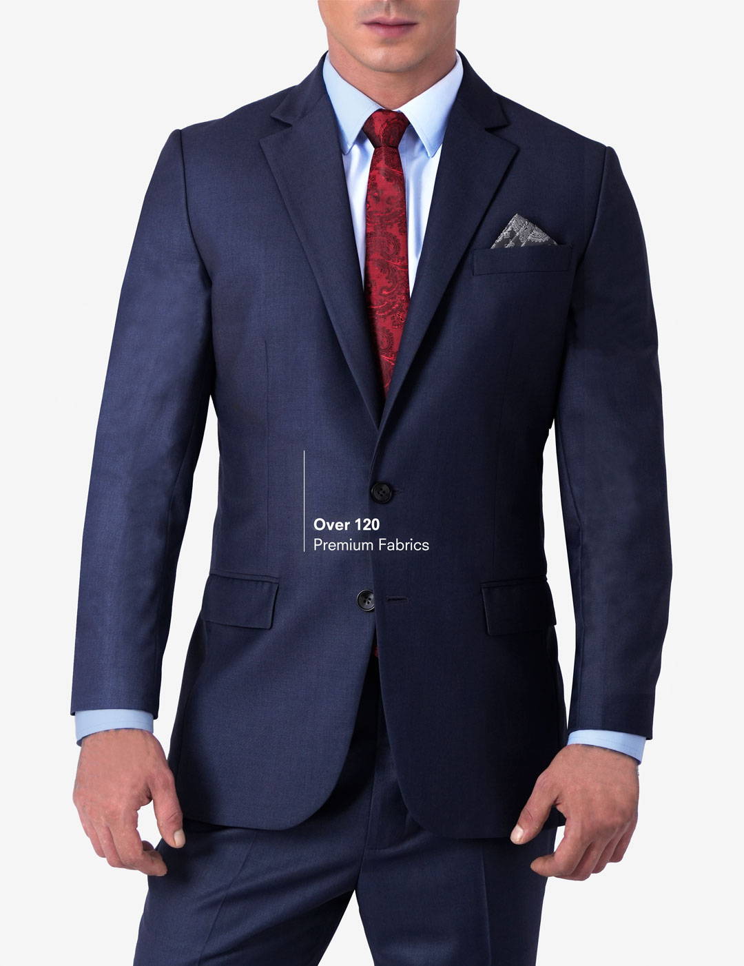 charcoal grey suit - text overlay Over 120 Premium Fabrics