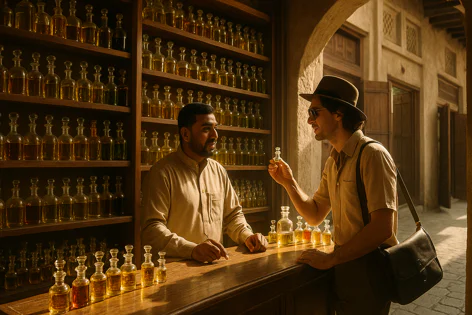 Two men at a counter in a traditional perfumery. Shelves full of glass bottles with various oils. A customer examines a small sample offered by the shopkeeper.