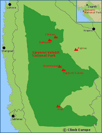 Map of Sjeverni Velebit National Park between the towns of Krasno, Lukova and Jablanac