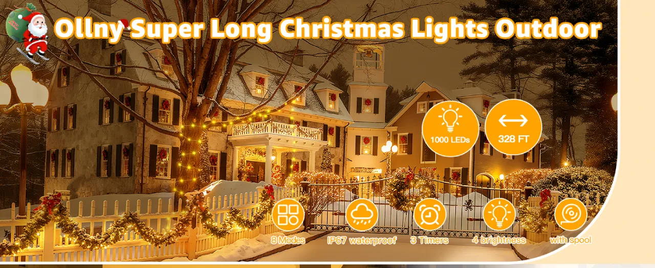 Features of Ollny's 800 leds clear cable cool white string lights - desktop size