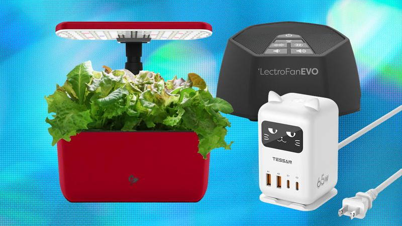 Indoor garden planter, white cat-shaped device to charge other devices, and black angular sound speaker