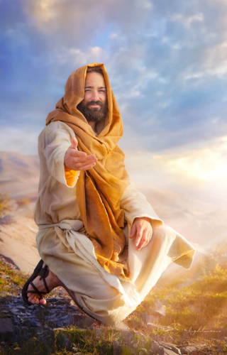 Jesus reaching out toward the viewer with a warm smile. Light shines down on the scene.