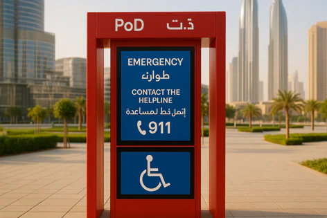 Red emergency helpline kiosk marked PoD with '911' contact number and wheelchair icon on a plaza in Dubai near tall skyscrapers.