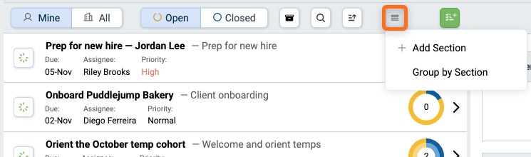 Manage Sections menu with Add Section in the Assignments Inbox header