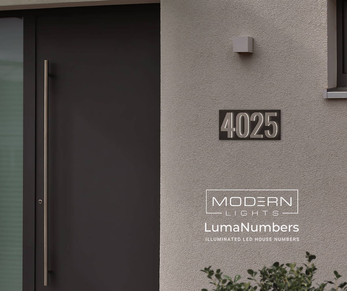 Illuminated address numbers on a post, front view