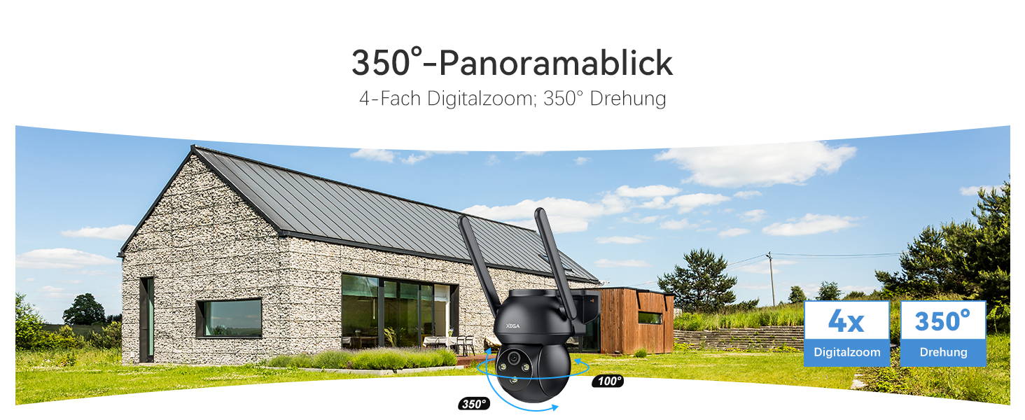 Erleben Sie den 350°-Panoramablick! Mit 4-fachem Digitalzoom und 350° Drehung entgeht Ihnen nichts. Jetzt entdecken!