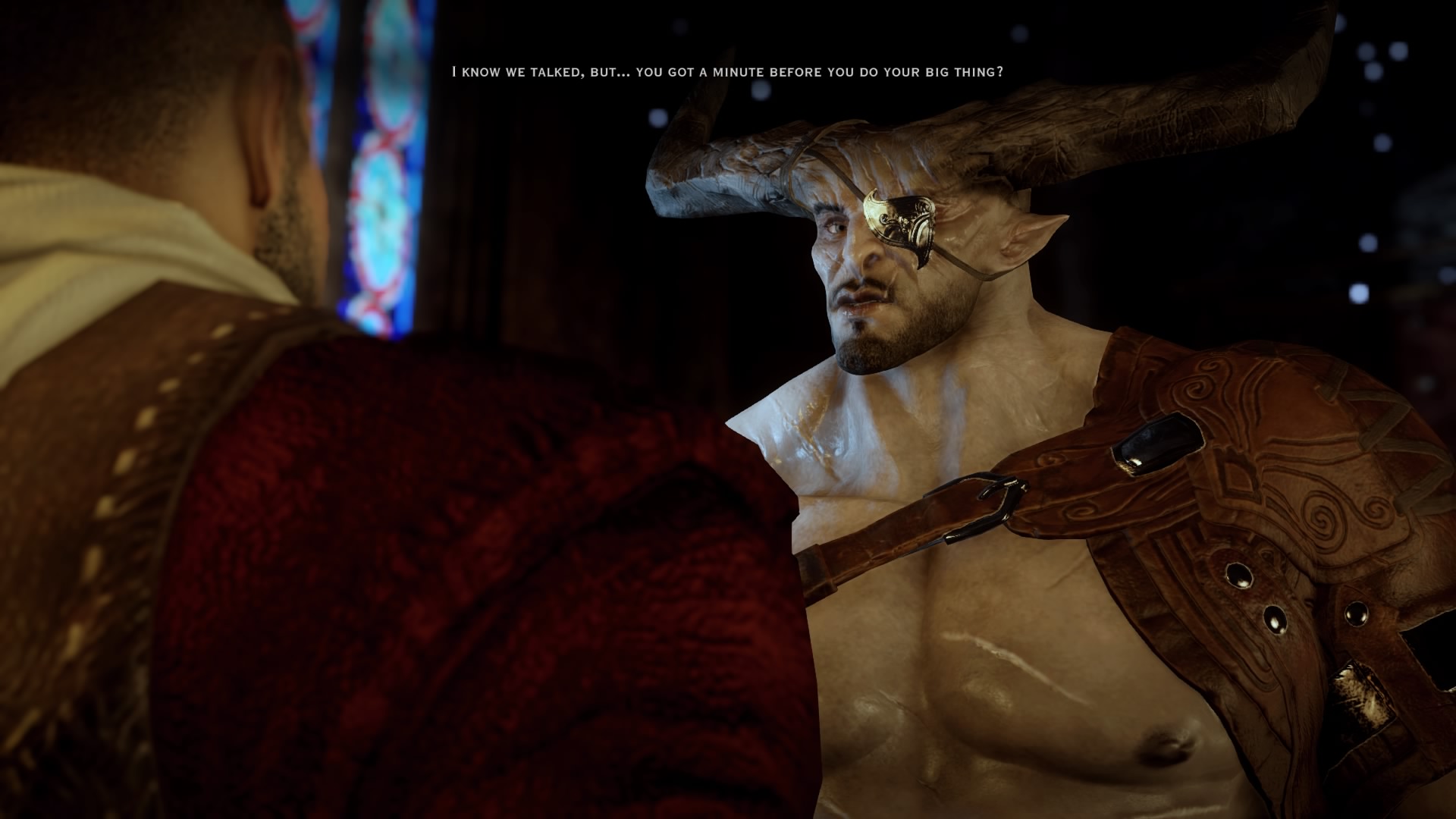 A in game dialogue between a main character and Iron bull where bull asks the player to talk for a minute before heading off.