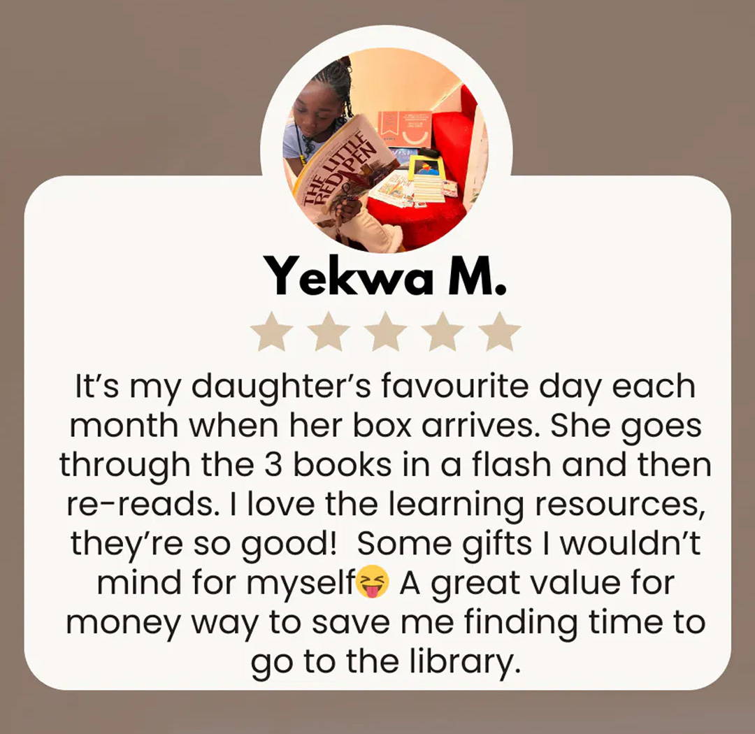 Girl reading a book from a Happier Every Chapter  box with a review for Happier Every Chapter  Little Literates book box