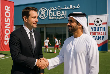 Two men shake hands, one in a suit, one in traditional Emirati dress, at a youth football camp sponsored by Dubai Sports Council, with kids playing football behind them.