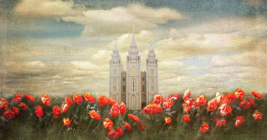 Panoramic painting of the Salt Lake Temple with red flowers in the forefront.