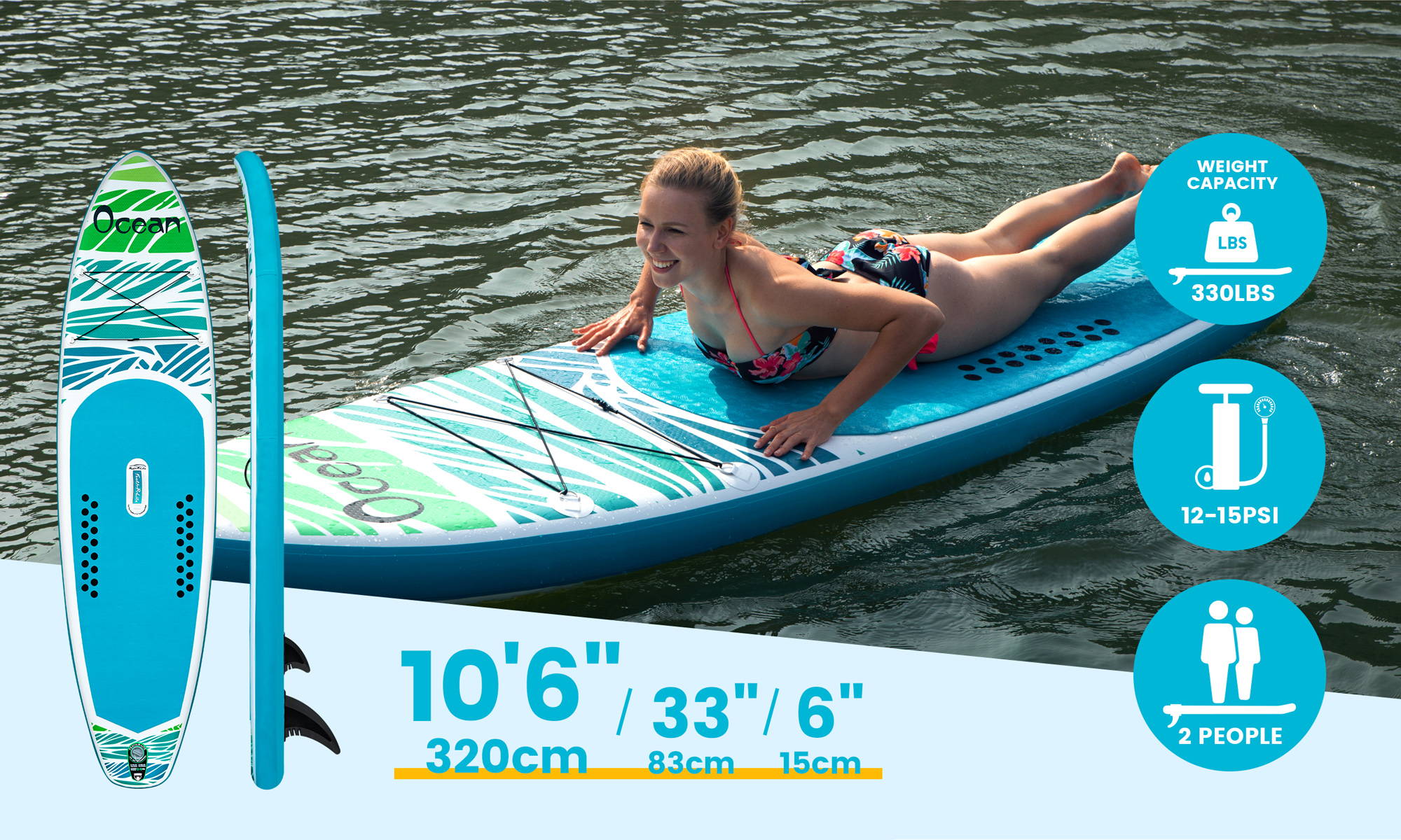 The parameters of Feath-r-lite inflatable paddle board is 10'6''/33''/6''