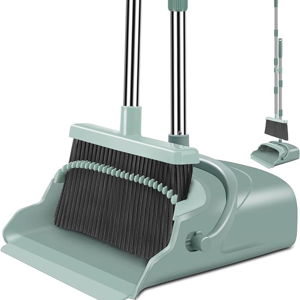 kelamayi Upgrade Broom and Dustpan Set, Large Size and Stiff Broom Dust pan with Long Handle, Upright,Ideal for Indoor Outdoor Garage Kitchen Room Office Lobby Use (Green)