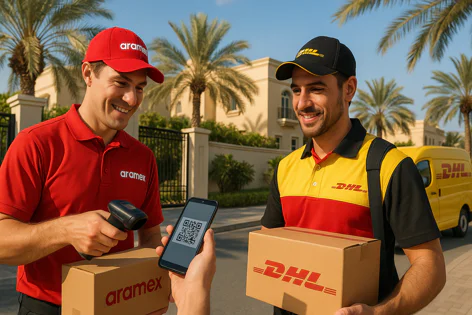 An Aramex courier scans a QR code on a phone held by a customer, while a DHL courier stands nearby holding a package, with a DHL van behind them.