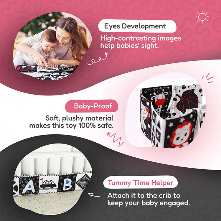 Infographic showcasing how a Montessori Newborn Contrast Book helps babies with eye development and tummy time.