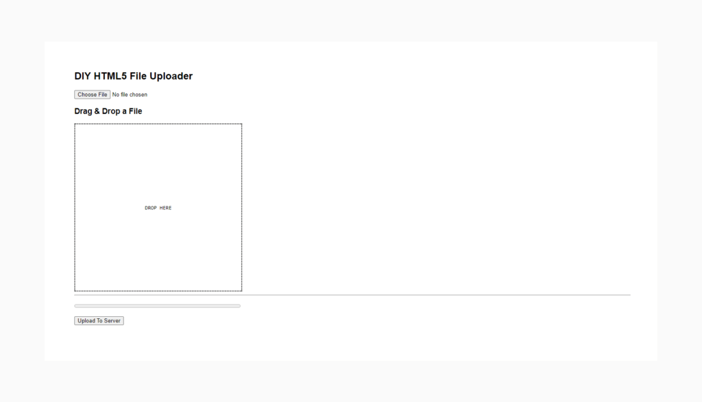 HTML5 File Uploader with a progress bar, dynamic file name display and a drag-and-drop section. HTML5 File Uploader