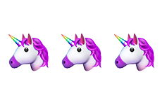 3 unicorn emojis with purple mane.