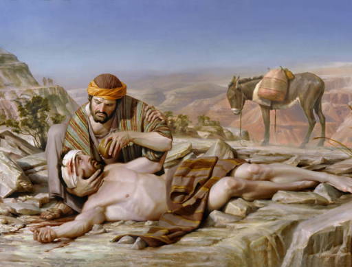 Painting of the good Samartian giving a man water to drink. 