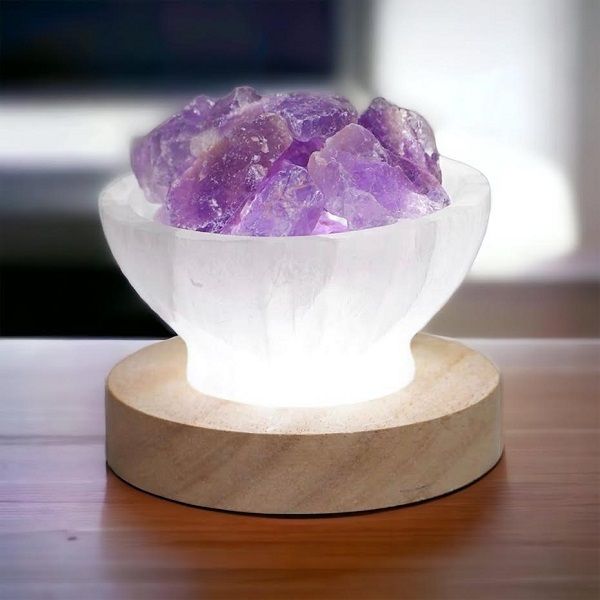 Selenite Bowl - Amethyst Rough Crystals Includes LED Base