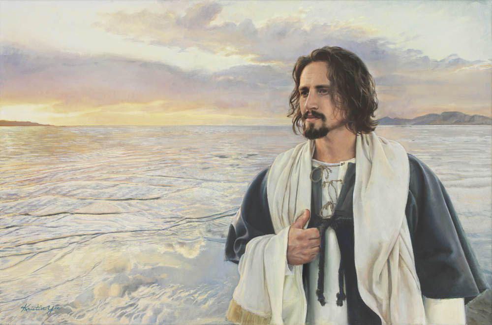 Painting of Jesus walking along the seashore. 