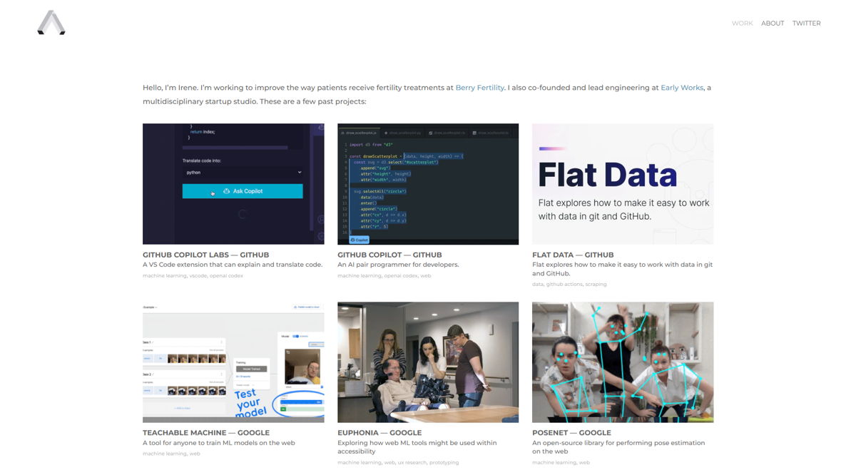 Screenshot of Irene Alvarado, from the software engineer portfolios collection.