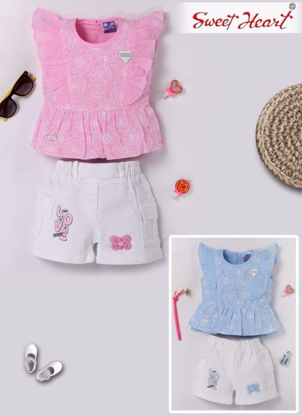 Sweetheart Blue Ruffle Top & White Shorts Set