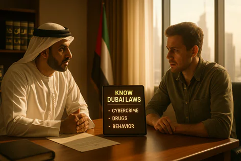 Two men, one in traditional Emirati dress and one in a casual shirt, sit at a desk with a tablet displaying 'KNOW DUBAI LAWS' about cybercrime, drugs, and behavior.