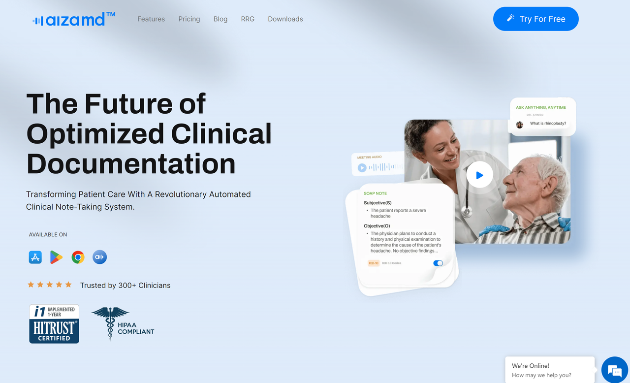 Screenshot of AizaMD's website landing page, an AI scribe
