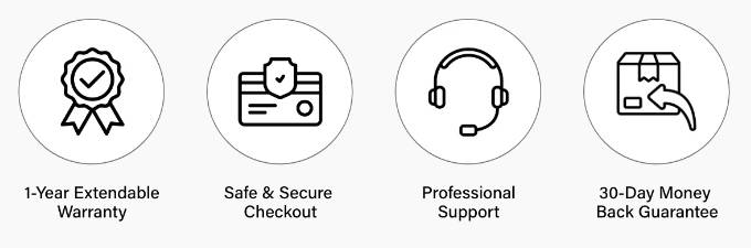 A set of four icons inside circles with the following text: '1-Year Extendable Warranty,' 'Safe & Secure Checkout,' 'Professional Support,' and '30-Day Money Back Guarantee.' Each icon represents the respective feature