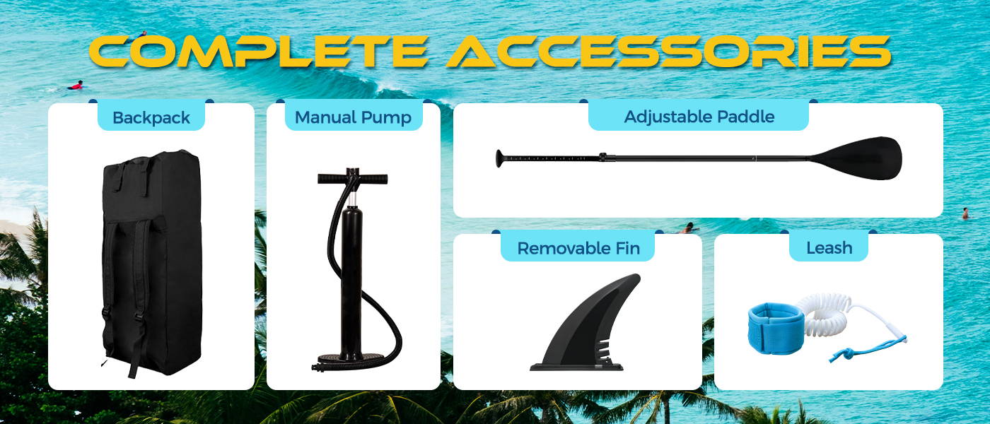Palm inflatable SUP board comes with complete accessories: waterproof bag, manual pump, adjustable paddle, removable fins, paddle board leash